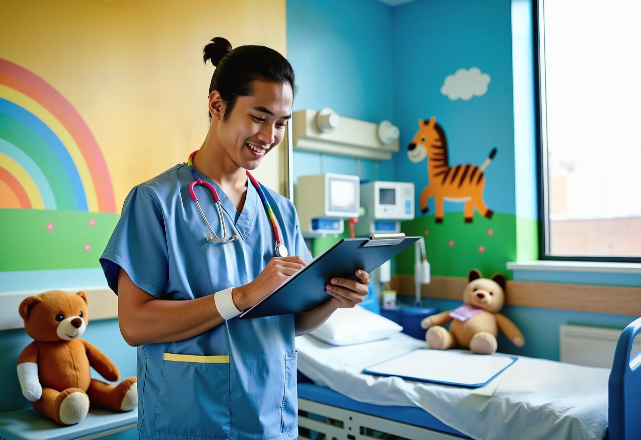 Photo by Reubens_Stock_Photos ai generated, male, young, hospital, pediatric, healthcare, worker, caring, smiling, notepad, ward, colorful, friendly, medical, assistant, clinic, modern, child, professional, support, wellness, patient, stethoscope, compassionate